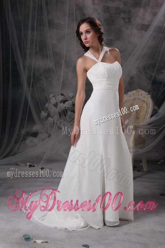 Empire Asymmetrical Neckline Court Train Ruched Wedding Dress