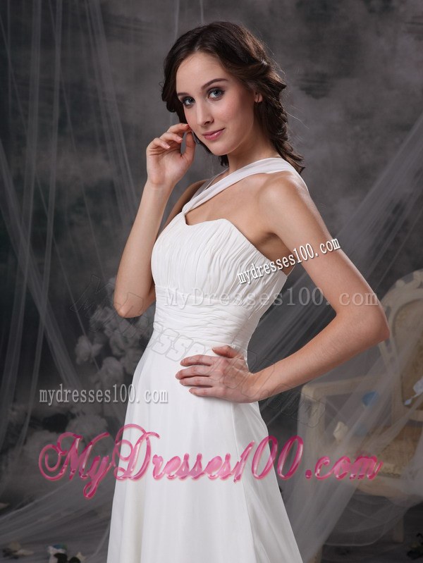 Empire Asymmetrical Neckline Court Train Ruched Wedding Dress