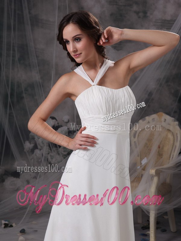 Empire Asymmetrical Neckline Court Train Ruched Wedding Dress