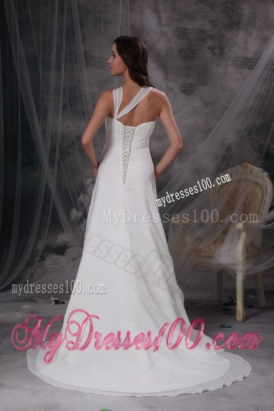 Empire Asymmetrical Neckline Court Train Ruched Wedding Dress