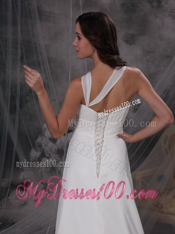 Empire Asymmetrical Neckline Court Train Ruched Wedding Dress