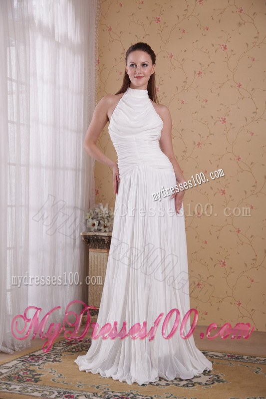 White Empire High-neck Floor-length Pleat Wedding Dresses On Sale