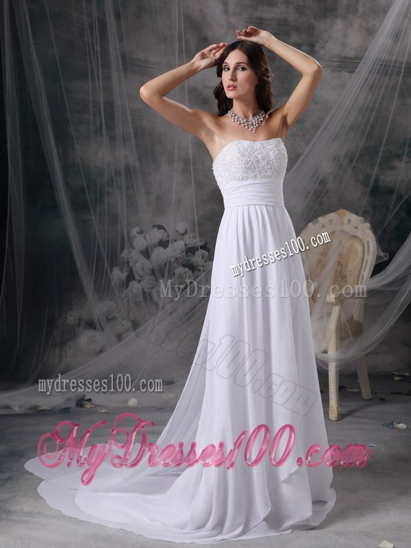 Empire Court Train Wedding Dresses with Appliques and Ruches
