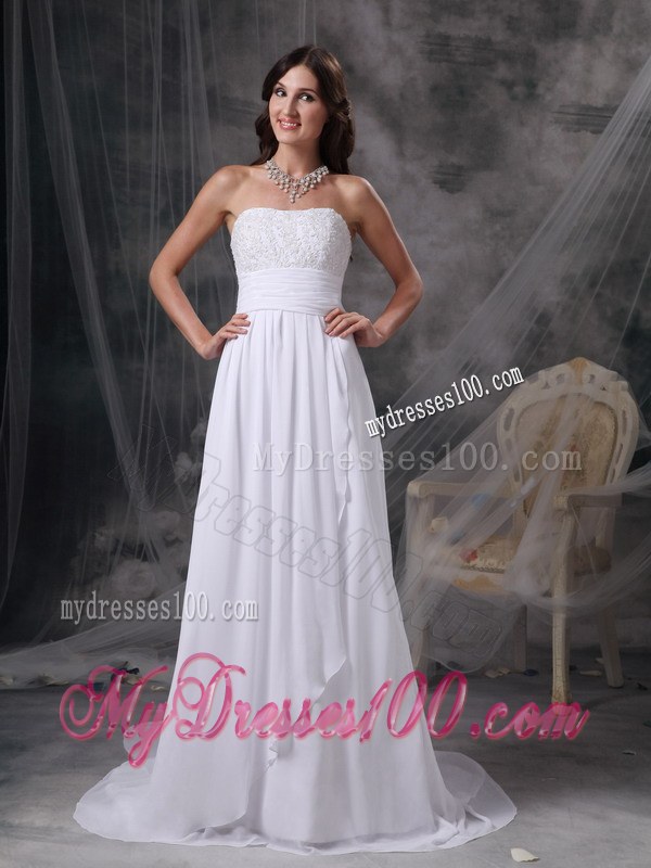 Empire Court Train Wedding Dresses with Appliques and Ruches