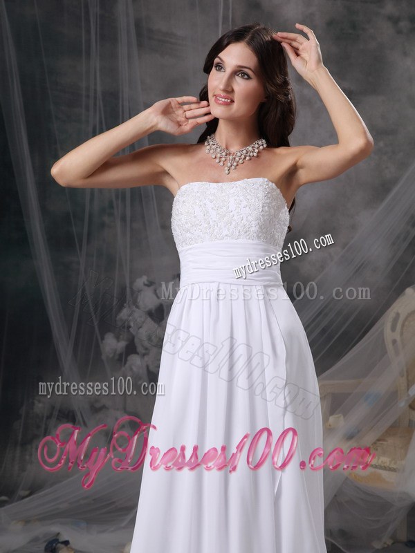 Empire Court Train Wedding Dresses with Appliques and Ruches