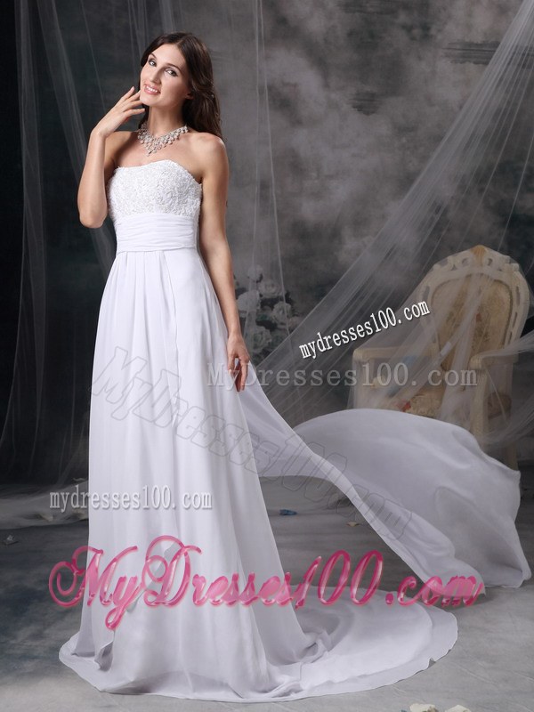 Empire Court Train Wedding Dresses with Appliques and Ruches