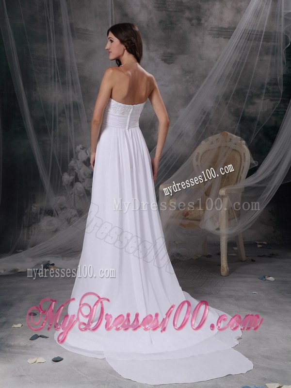 Empire Court Train Wedding Dresses with Appliques and Ruches