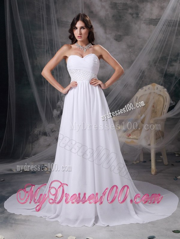 White Sweetheart Court Train Appliques and Ruches Wedding Dresses