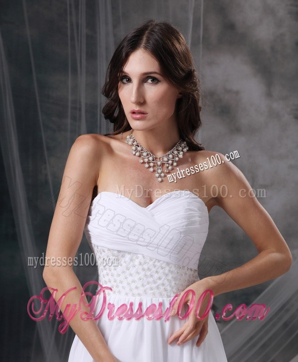 White Sweetheart Court Train Appliques and Ruches Wedding Dresses