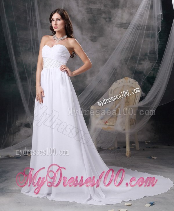 White Sweetheart Court Train Appliques and Ruches Wedding Dresses