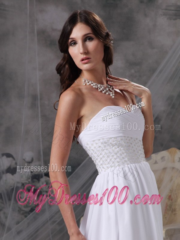 White Sweetheart Court Train Appliques and Ruches Wedding Dresses
