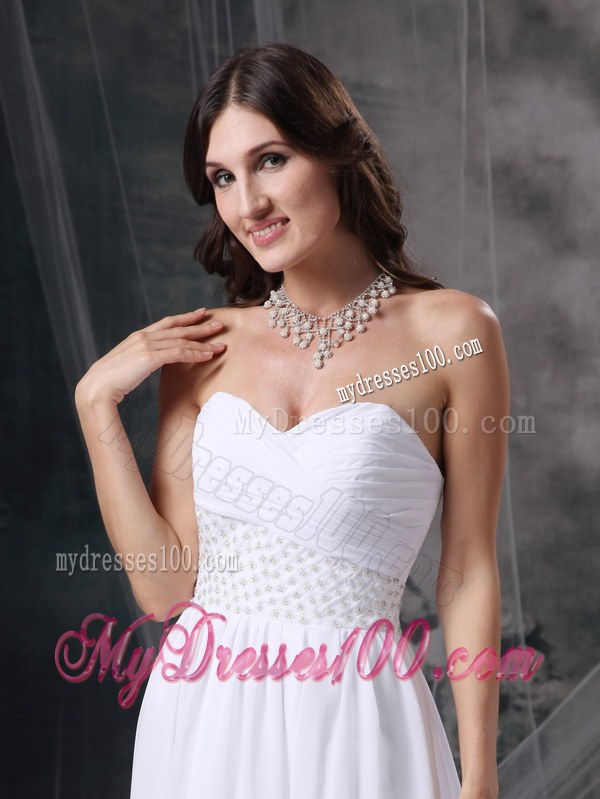 White Sweetheart Court Train Appliques and Ruches Wedding Dresses