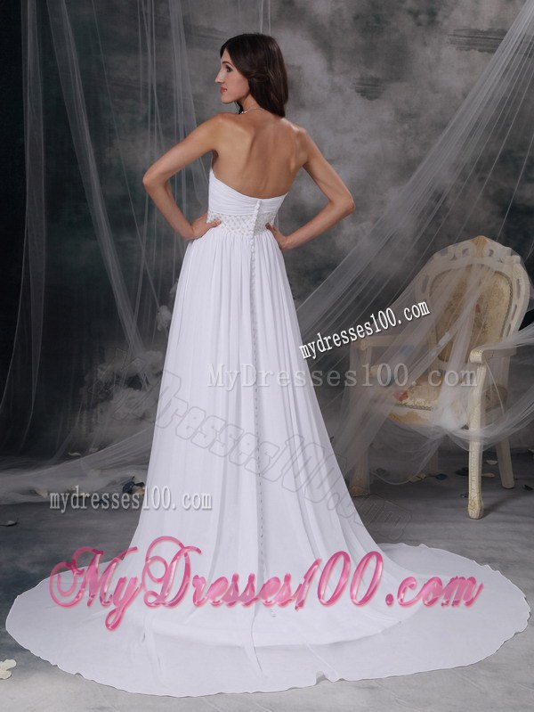 White Sweetheart Court Train Appliques and Ruches Wedding Dresses