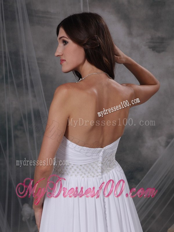 White Sweetheart Court Train Appliques and Ruches Wedding Dresses