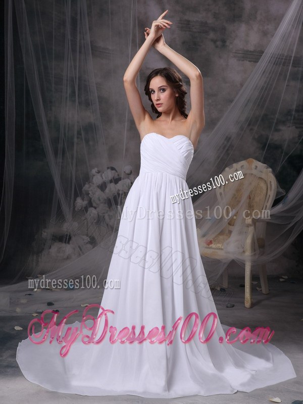 White Empire Sweetheart Court Train Chiffon Ruch Wedding Dress