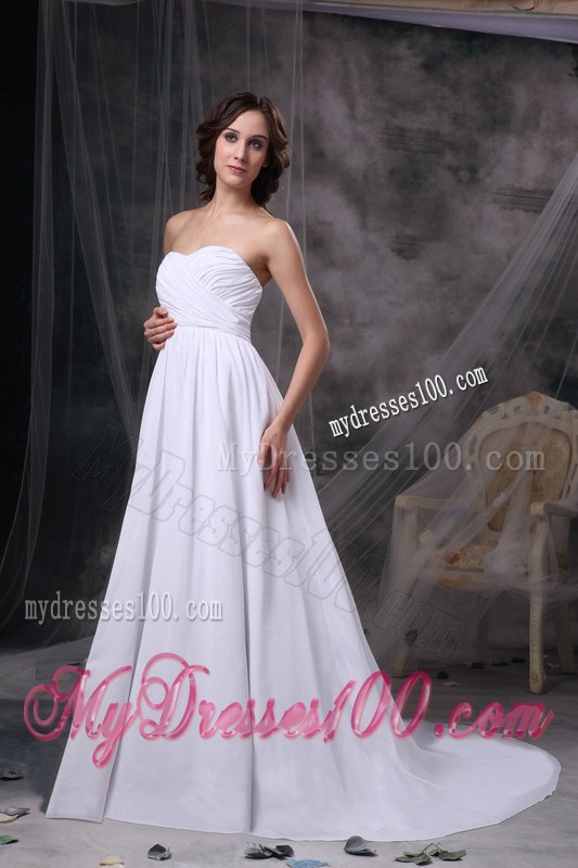 White Empire Sweetheart Court Train Chiffon Ruch Wedding Dress