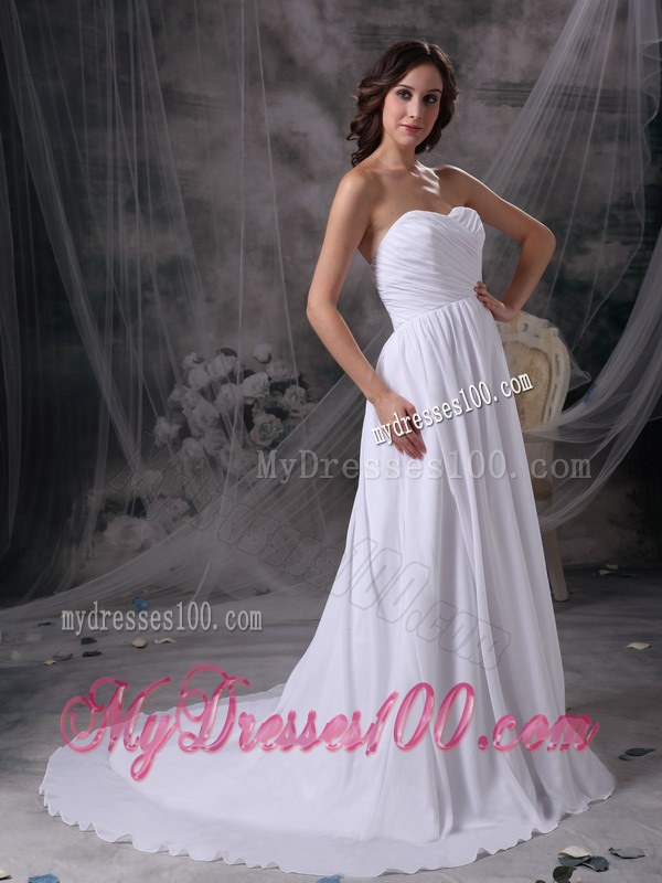 White Empire Sweetheart Court Train Chiffon Ruch Wedding Dress