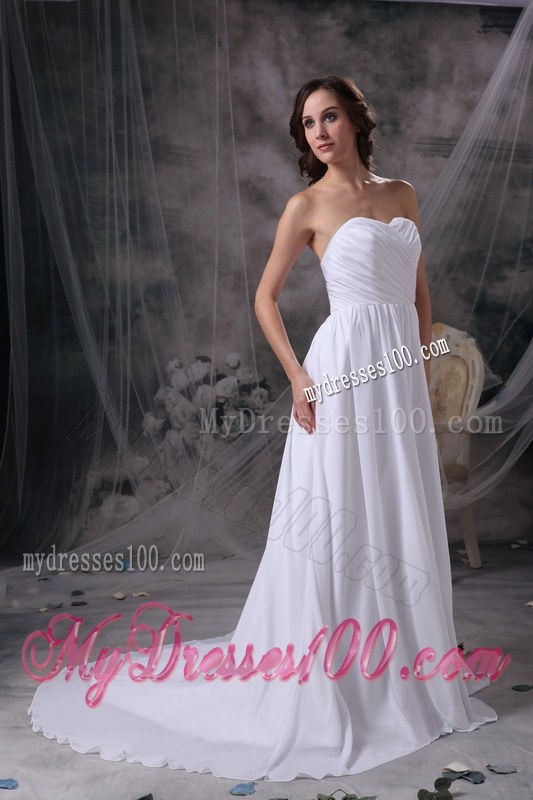White Empire Sweetheart Court Train Chiffon Ruch Wedding Dress