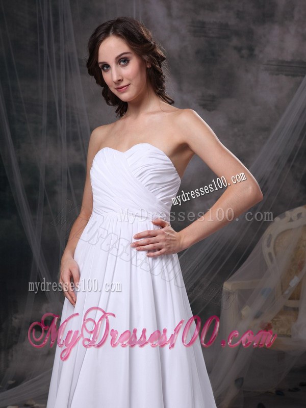 White Empire Sweetheart Court Train Chiffon Ruch Wedding Dress