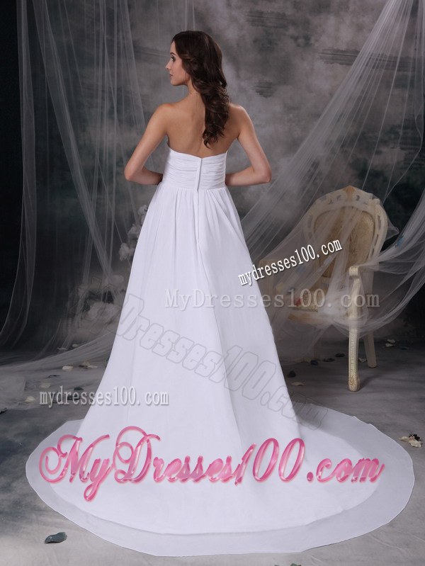White Empire Sweetheart Court Train Chiffon Ruch Wedding Dress