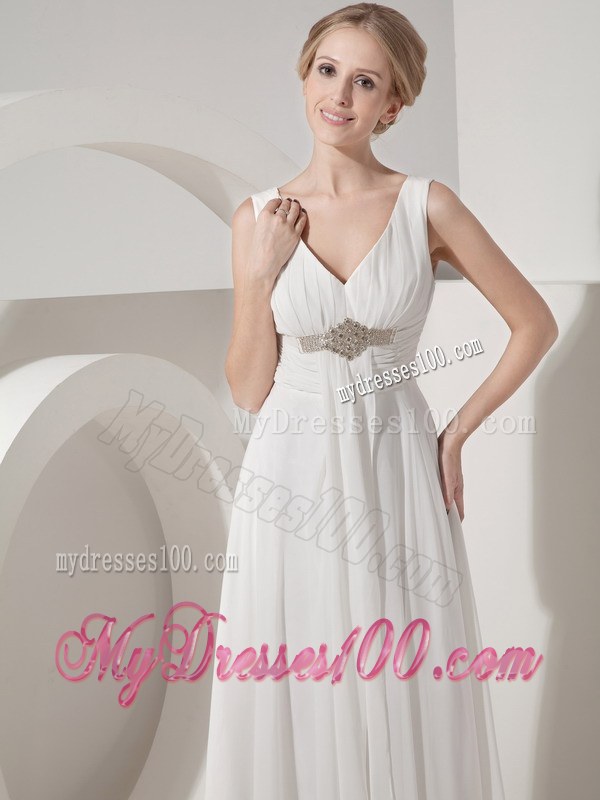 White Empire V-neck Floor-length Beaded Wedding Dresses for Beach