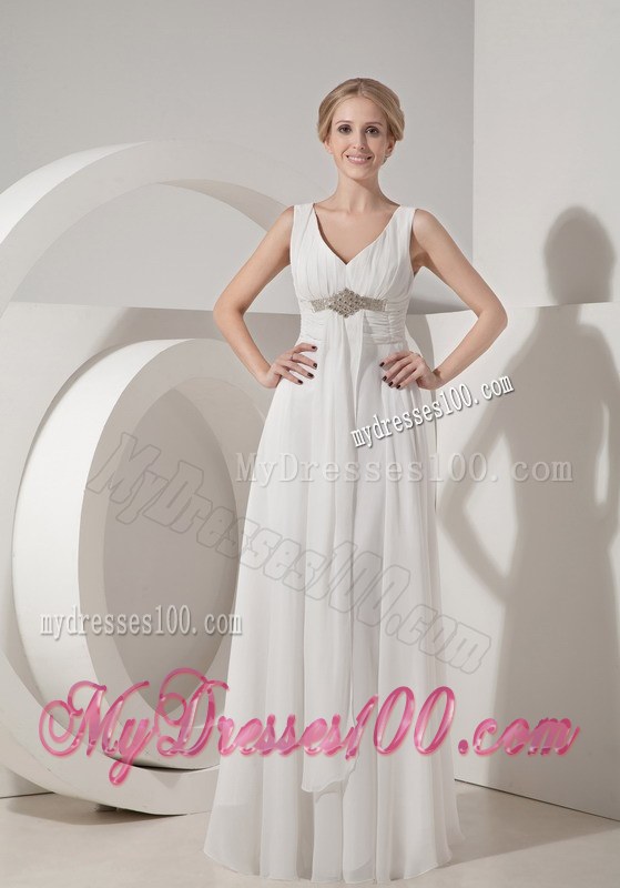 White Empire V-neck Floor-length Beaded Wedding Dresses for Beach