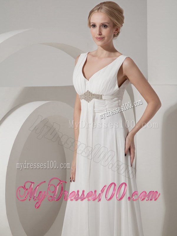 White Empire V-neck Floor-length Beaded Wedding Dresses for Beach