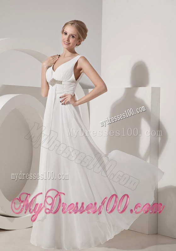 White Empire V-neck Floor-length Beaded Wedding Dresses for Beach