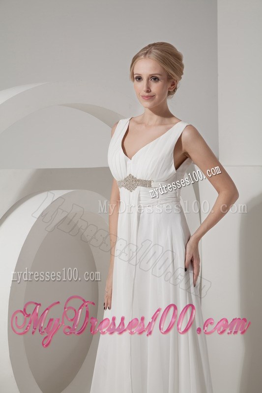 White Empire V-neck Floor-length Beaded Wedding Dresses for Beach