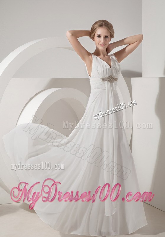 White Empire V-neck Floor-length Beaded Wedding Dresses for Beach