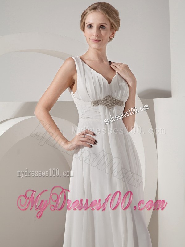 White Empire V-neck Floor-length Beaded Wedding Dresses for Beach