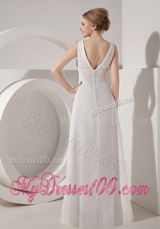 White Empire V-neck Floor-length Beaded Wedding Dresses for Beach