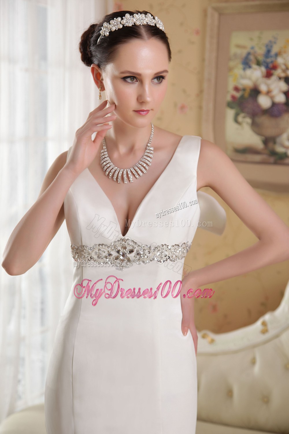 White Mermaid V-neck Court Train Beaded Wedding Dresses