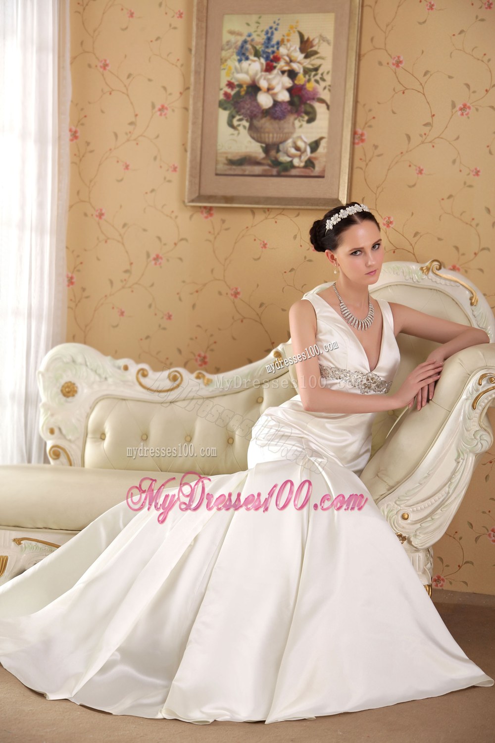 White Mermaid V-neck Court Train Beaded Wedding Dresses