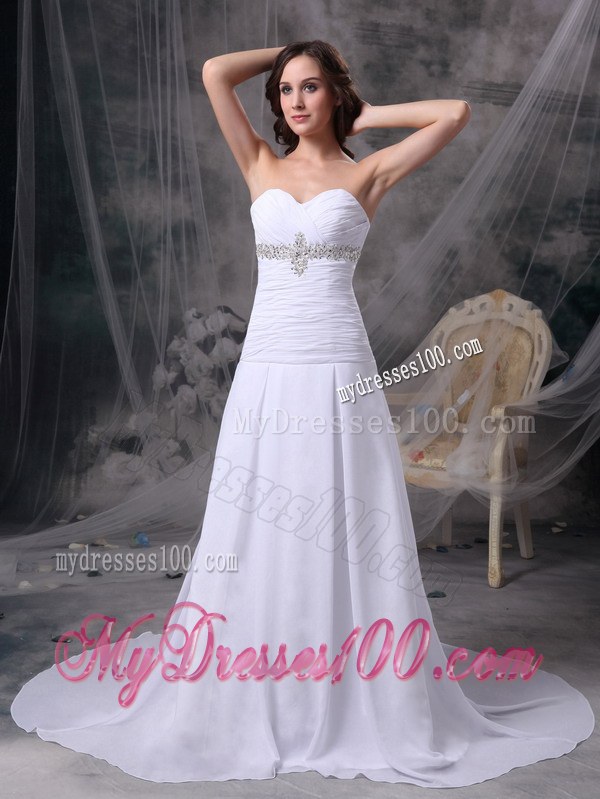 Sweetheart Court Train Wedding Dresses with Appliques and Ruches