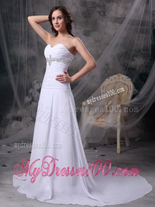 Sweetheart Court Train Wedding Dresses with Appliques and Ruches