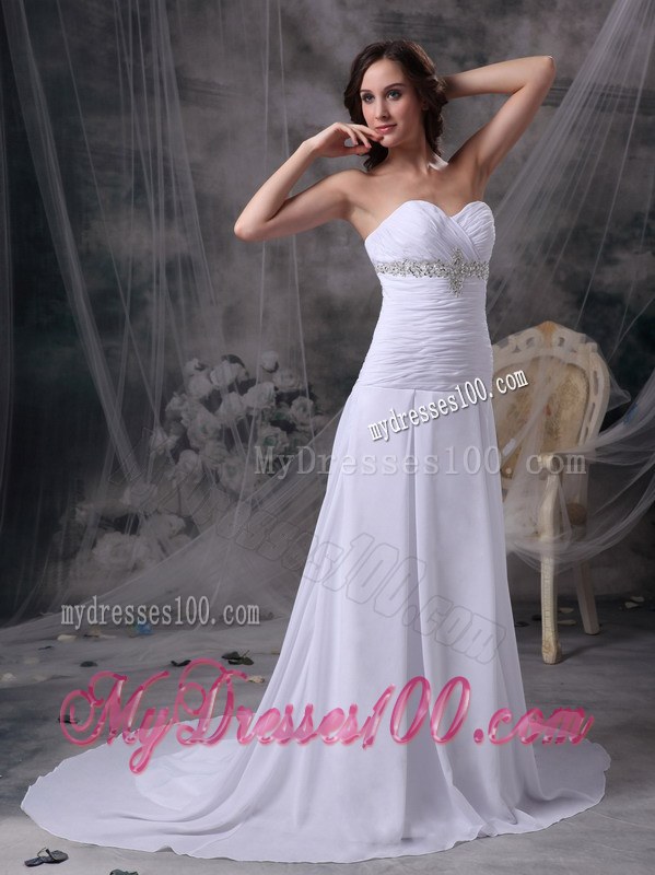 Sweetheart Court Train Wedding Dresses with Appliques and Ruches