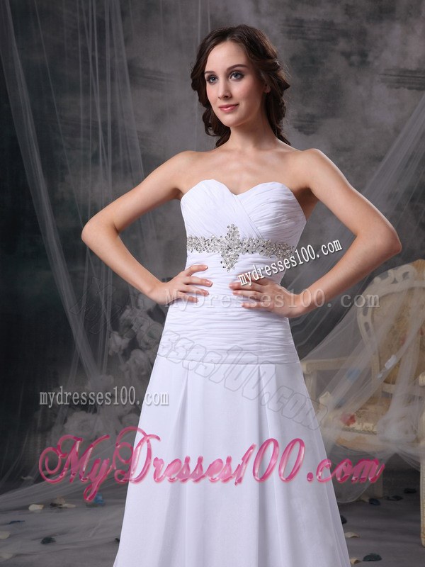 Sweetheart Court Train Wedding Dresses with Appliques and Ruches