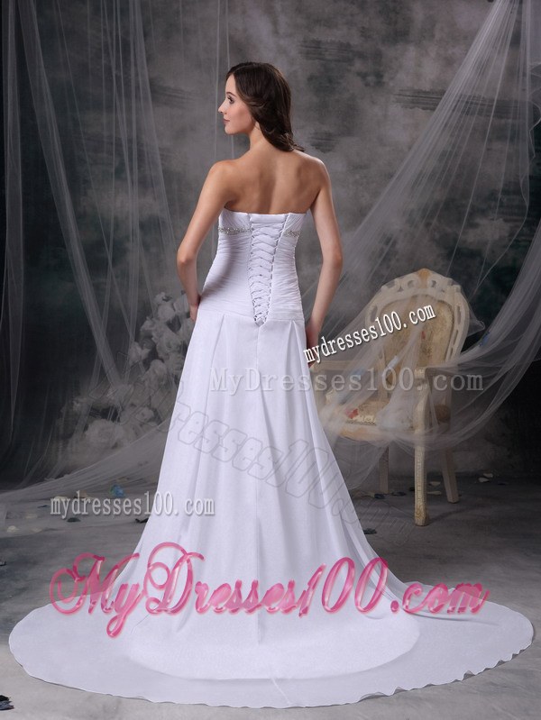 Sweetheart Court Train Wedding Dresses with Appliques and Ruches