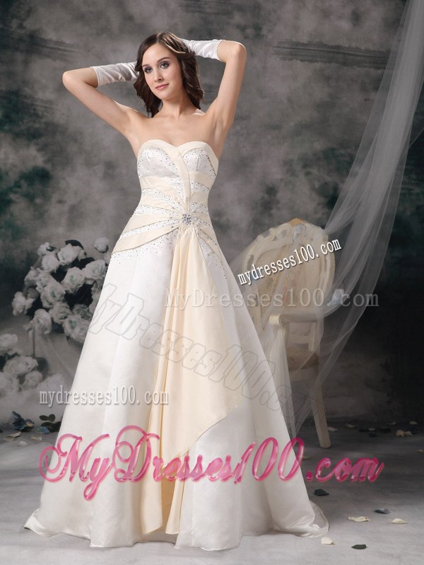 White and Champagne Sweetheart Brush Train Wedding Dress with Beading