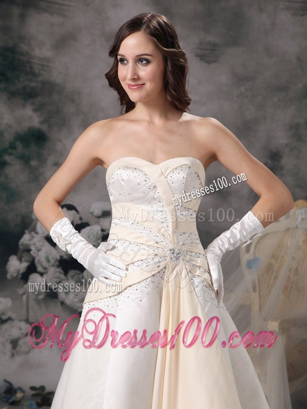 White and Champagne Sweetheart Brush Train Wedding Dress with Beading
