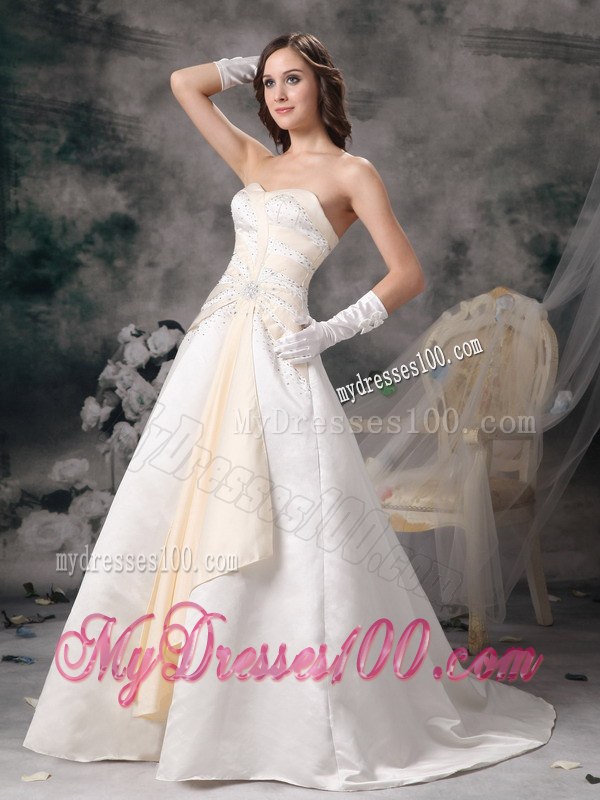 White and Champagne Sweetheart Brush Train Wedding Dress with Beading