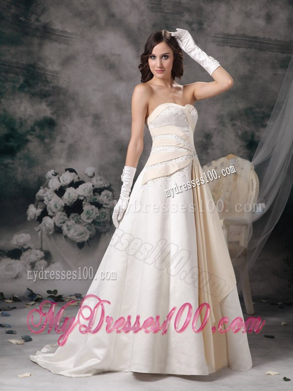 White and Champagne Sweetheart Brush Train Wedding Dress with Beading