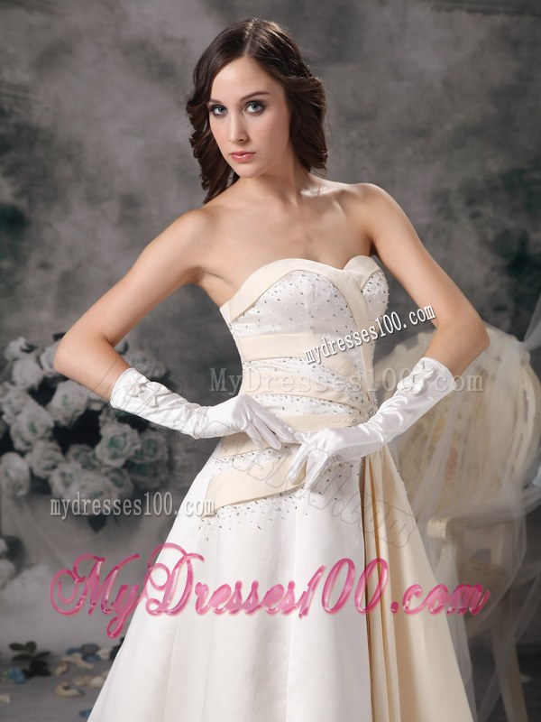 White and Champagne Sweetheart Brush Train Wedding Dress with Beading