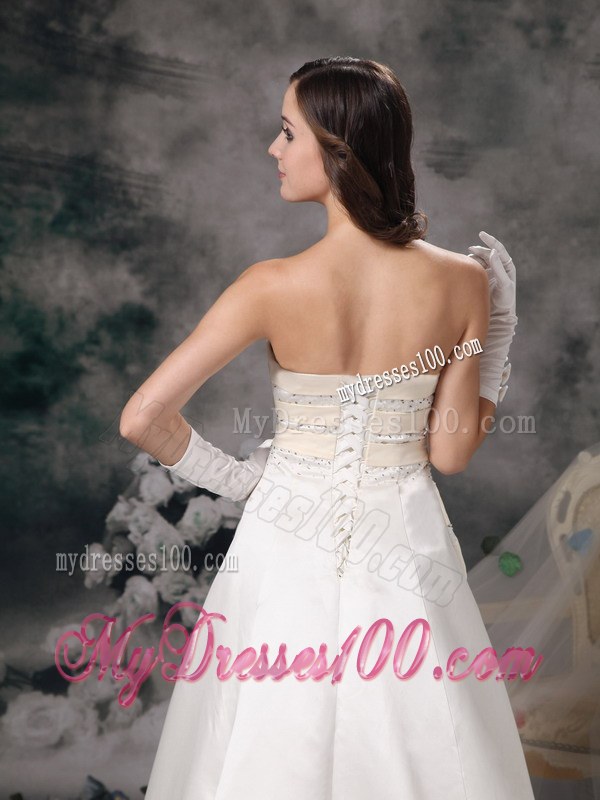 White and Champagne Sweetheart Brush Train Wedding Dress with Beading