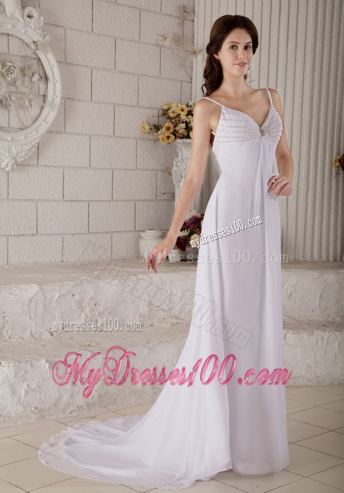 Wonderful Spaghetti Straps Brush Train Beading Wedding Dresses