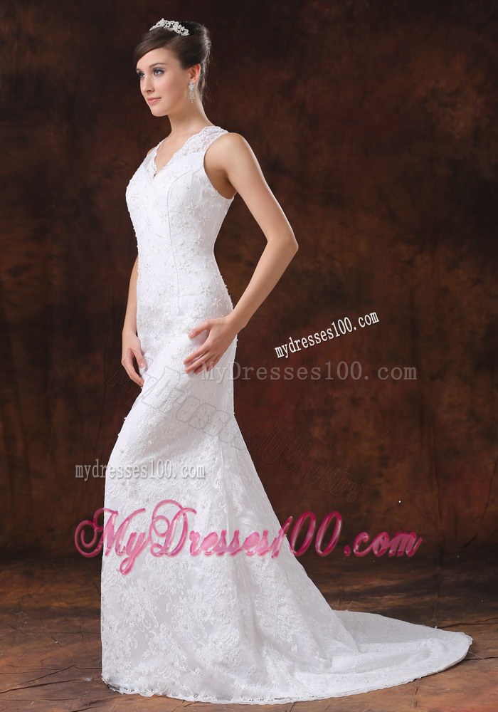 Luxurious Lace Mermaid Brush Train V-Neck Wedding Dress For 2013
