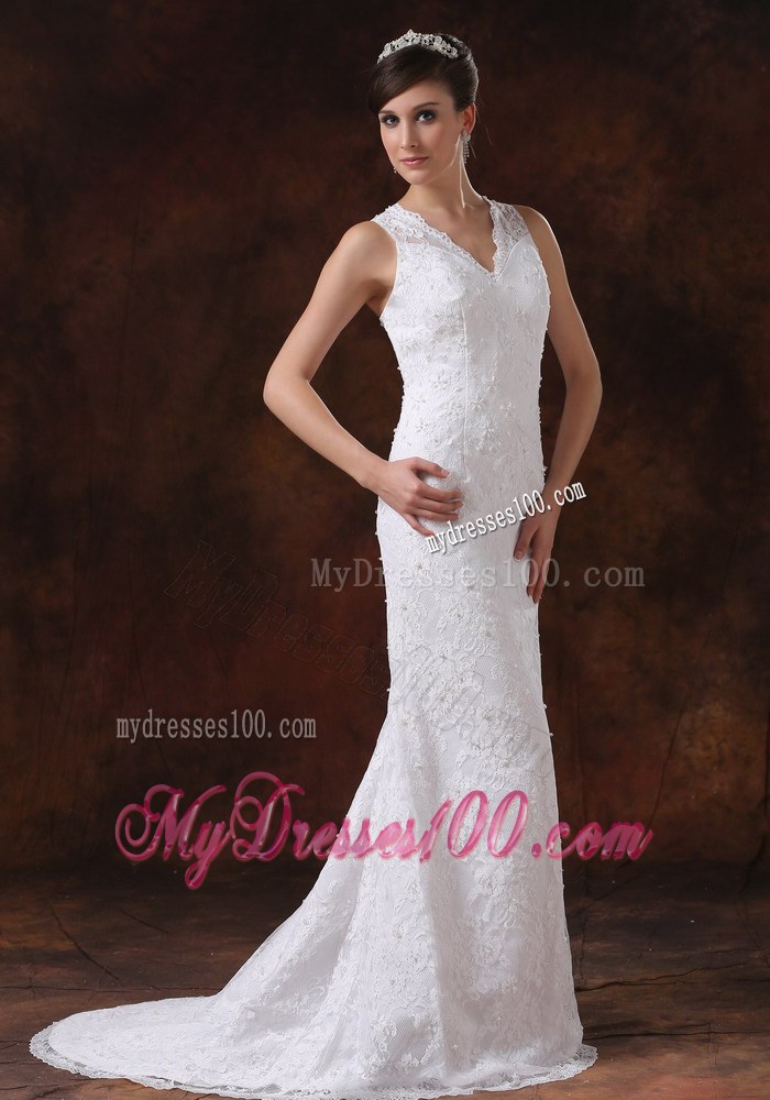 Luxurious Lace Mermaid Brush Train V-Neck Wedding Dress For 2013