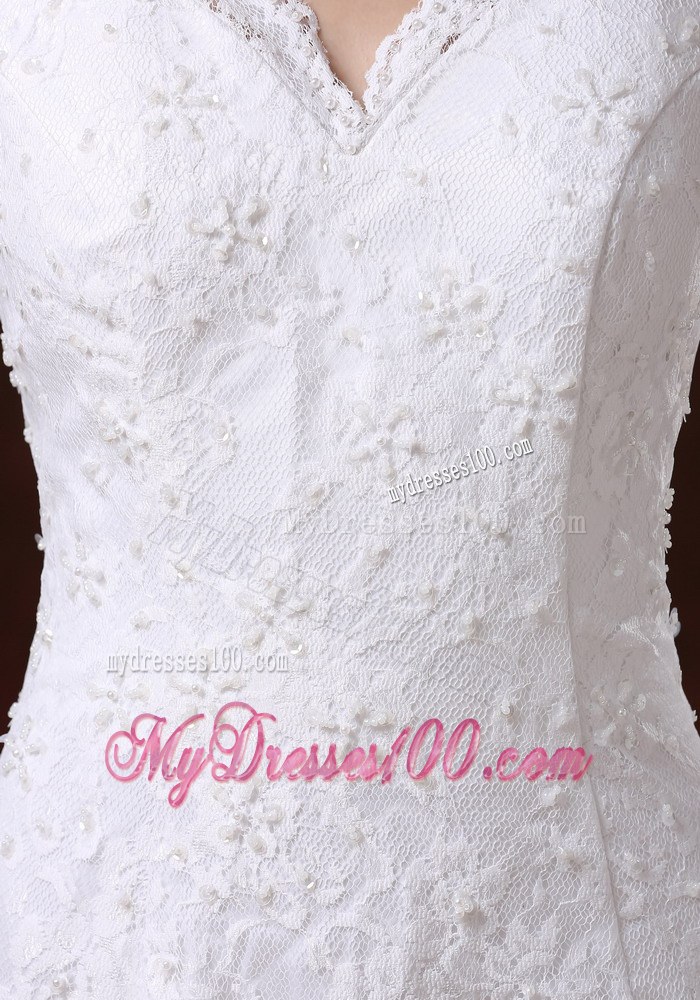 Luxurious Lace Mermaid Brush Train V-Neck Wedding Dress For 2013