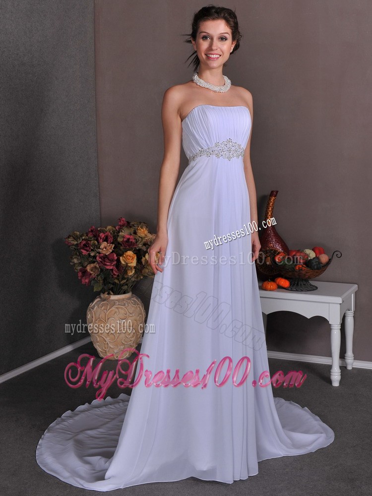 Elegant Empire Strapless Court Train Appliques Beach Wedding Dresses